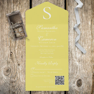 Invitation Tout En Un Monogramme moderne Sunflower Yellow QR Code