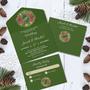 Invitation Tout En Un Monogramme Noël Wreath Poinsettias Mariage