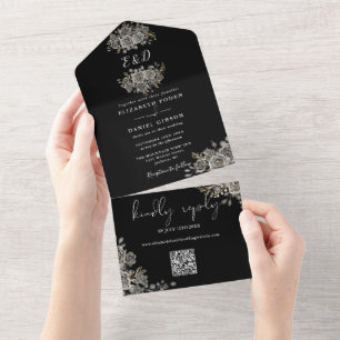 Invitation Tout En Un Monogramme noir et blanc gothique Mariage de code 