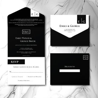 Invitation Tout En Un Monogramme noir et blanc moderne Mariage élégant