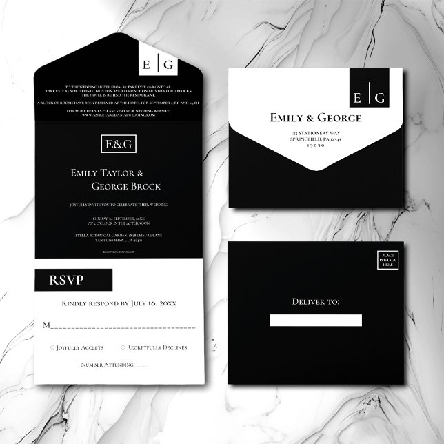 Invitation Tout En Un Monogramme noir et blanc moderne Mariage élégant (Créateur téléchargé)