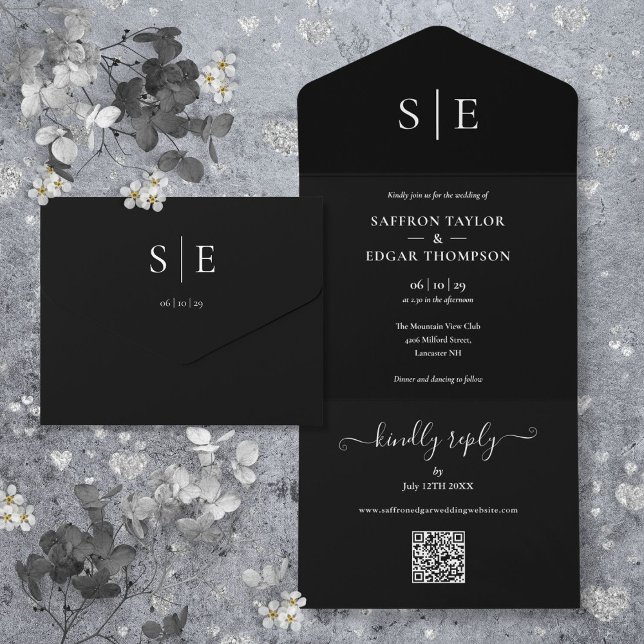 Invitation Tout En Un Monogramme noir et blanc QR Code Mariage (Black And White Monogram QR Code Wedding All In One Invitation)