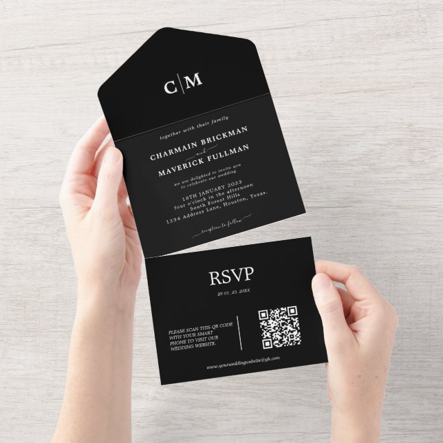 Invitation Tout En Un Monogramme noir moderne QR Code RSVP (Déchirure)