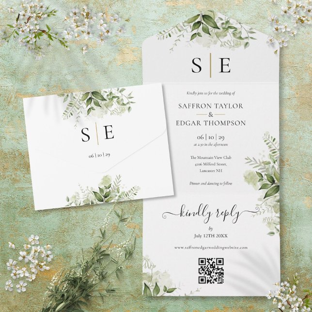Invitation Tout En Un Monogramme noir or QR Code Mariage vert (Gold Black Monogram QR Code Greenery Wedding All In One Invitation)