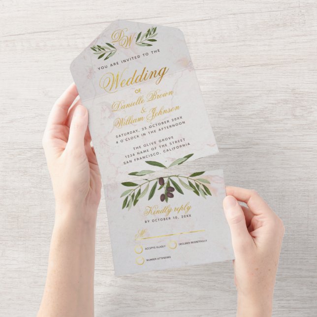 Invitation Tout En Un Monogramme Olive Branche Mariage Elégant Faux Gold (Déchirure)