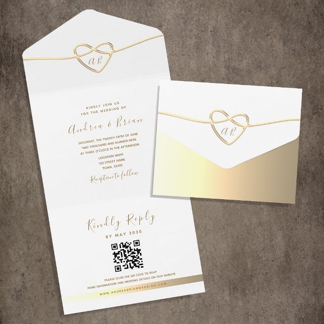 Invitation Tout En Un Monogramme or simple élégant Mariage QR Code (Créateur téléchargé)