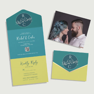 Invitation Tout En Un Monogramme Photo de Mariage Vert Citron Moderne Sa