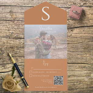 Invitation Tout En Un Monogramme Photo moderne Burange Orange QR Code