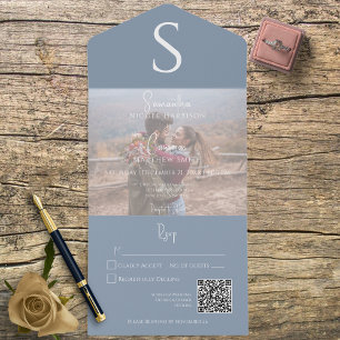 Invitation Tout En Un Monogramme Photo moderne Dusty Blue QR Code