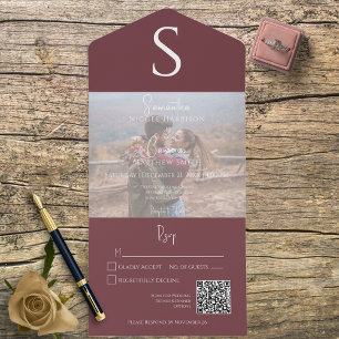 Invitation Tout En Un Monogramme Photo moderne Vin Bourgogne Code QR