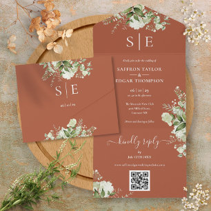 Invitation Tout En Un Monogramme QR Code Vert Mariage en terre cuite