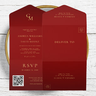 Invitation Tout En Un Monogramme romantique rouge et or QR Code Mariage