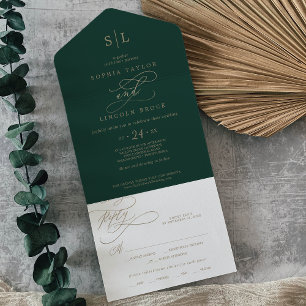 Invitation Tout En Un Monogramme Romantique Vert Calligraphie Mariage To