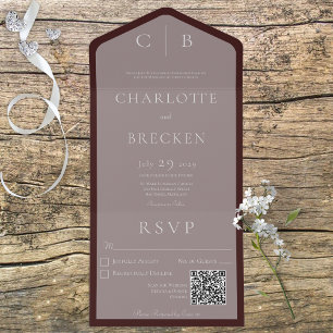 Invitation Tout En Un Monogramme rose et bordeaux Code QR minimal