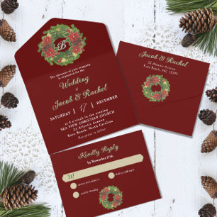 Invitation Tout En Un Monogramme Serre de Noël Poinsettias Mariage rouge