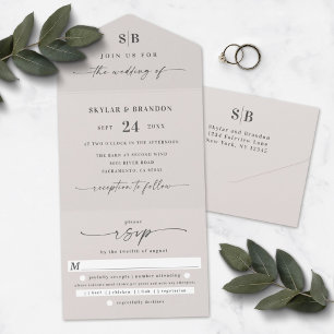 Invitation Tout En Un Monogramme simple et Mariage ivoire de script blan