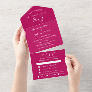 Invitation Tout En Un Monogramme simple Fuchsia Mariage rose chaud