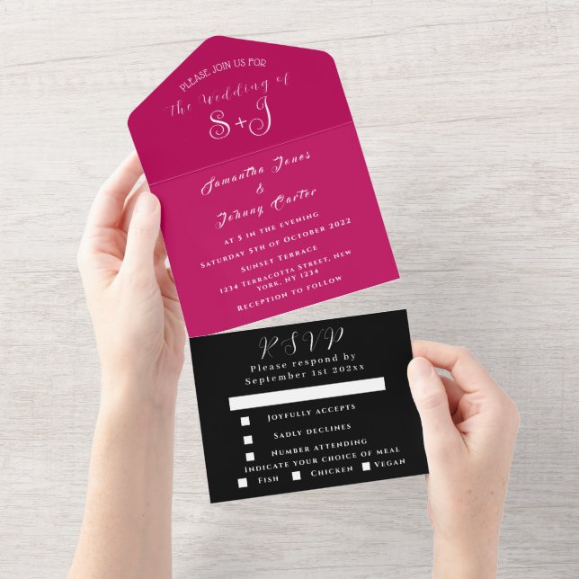 Invitation Tout En Un Monogramme Simple Magenta Fuchsia Mariage noir Tou (Déchirure)