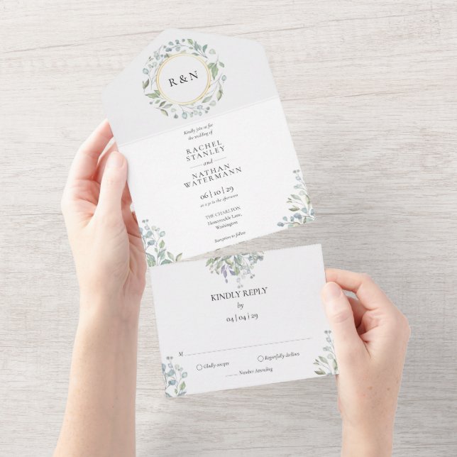 Invitation Tout En Un Monogramme Vert Floral Garland Gold Mariage Tout (Déchirure)