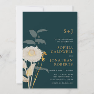 Invitation Tout en un monogramme Vintage Floral Turquoise Mar