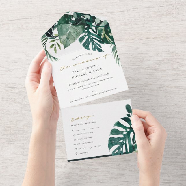 INVITATION TOUT EN UN MONSTERA TROPICALE MODERNE FOLIAGE VERT EAU COULEU (Déchirure)