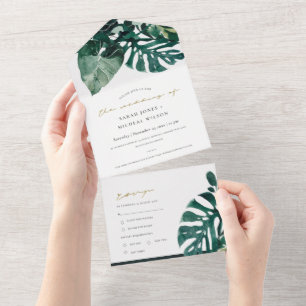 INVITATION TOUT EN UN MONSTERA TROPICALE MODERNE FOLIAGE VERT EAU COULEU