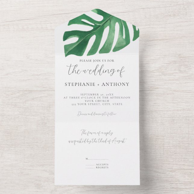 Invitation Tout En Un Monstère tropicale verte Feuille Mariage d'été (À l'intérieur)