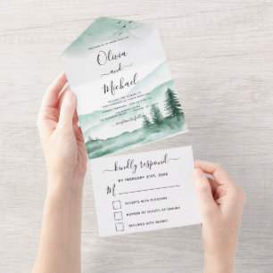 Invitation Tout En Un Montagne Rustique Aquarelle verte RSVP