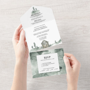 Invitation Tout En Un Montagnes, Pins Arbres, Cabine Rustique Mariage