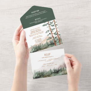 Invitation Tout En Un Montagnes Rustiques Pins Arbres Fog Mariage