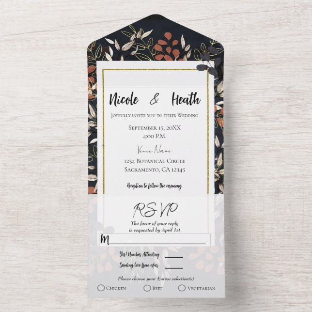 Invitation Tout En Un Moody Blue Gold Bold Botanical Feuille Mariage (À l'intérieur)