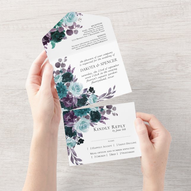Invitation Tout En Un Moody Boho | Arbre Turquoise et violet floral fonc (Déchirure)