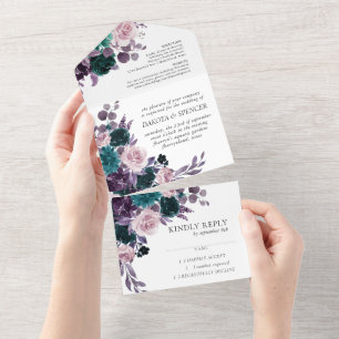 Invitation Tout En Un Moody Boho   Eggplant de fleurs pourpres et Turquo
