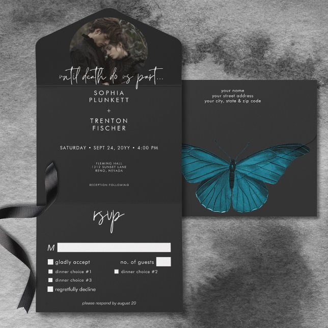 Invitation Tout En Un Moody Dark Minimal Moth Photo Dinner Mariage (Dark Moody Minimal Moth Photo Dinner Wedding All In One Invitation)