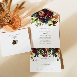 Invitation Tout En Un Moody Floral Bourgogne Mariage de calligraphie