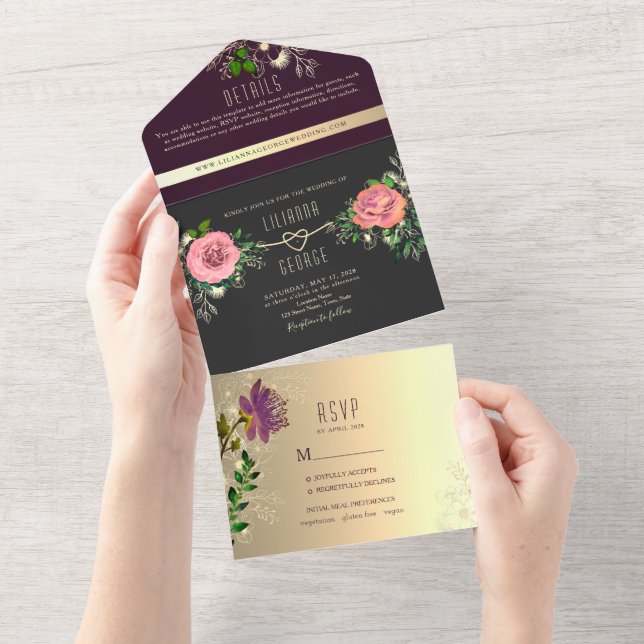 Invitation Tout En Un Moody Floral violet noir Mariage (Déchirure)