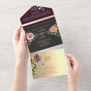Invitation Tout En Un Moody Floral violet noir Mariage