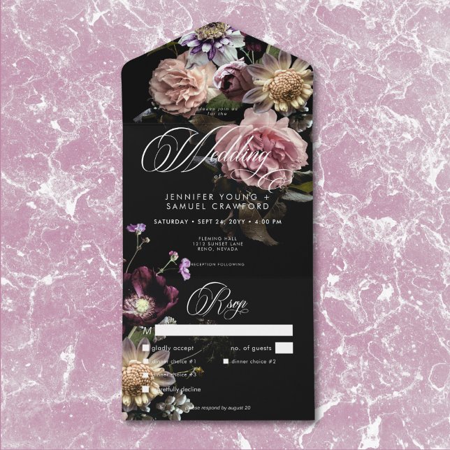 Invitation Tout En Un Moody foncé Pastel Opulent Floral Noir Dîner (Dark Moody Pastel Opulent Black Floral Details All In One Invitation)