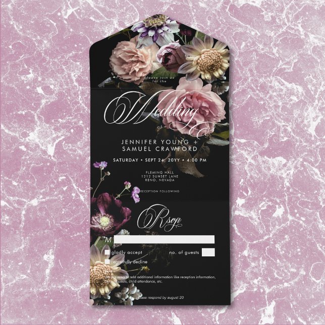 Invitation Tout En Un Moody foncé Pastel Opulent noir Détails floraux (Dark Moody Pastel Opulent Black Floral Details All In One Invitation)