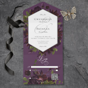 Invitation Tout En Un Moody foncé Purple Aquarelle Florale QR Code