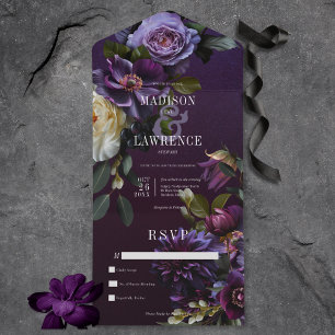 Invitation Tout En Un Moody foncé violet et blanc Floral Pas de dîner