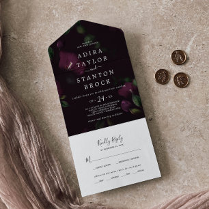 Invitation Tout En Un Moody Purple Blooms   Mariage Motif noir