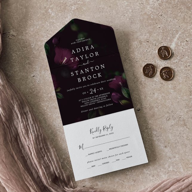 Invitation Tout En Un Moody Purple Blooms | Mariage Motif noir (Créateur téléchargé)