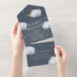 Invitation Tout En Un Moon Star & Cloud Navy Blue Book Baby shower<br><div class="desc">Cette mignonne carte d'invitation baby shower neutre de genre présente la fausse lune de croissant de parties scintillant d'or, les étoiles et les nuages moelleux sur un arrière - plan bleu marine/bleu nuit. Il comprend une demande de livre/livres pour bébé/apportez une carte de livre. Personnalisez-le selon vos besoins. Vous pouvez...</div>