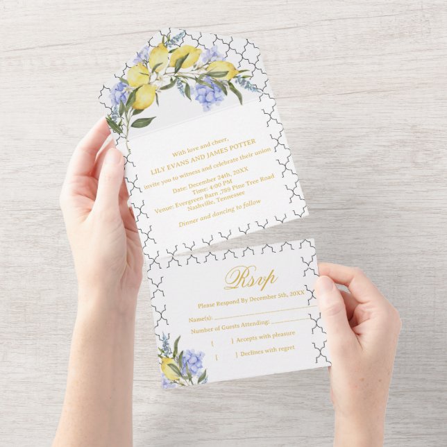 Invitation Tout En Un Moroccan Pattern Mediterranean Lemon Wedding  (Déchirure)