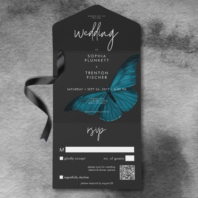 Invitation Tout En Un Mosaïque foncée Minimale Mois Turquoise QR Code Ma (Dark Moody Minimal Teal Moth QR Code Wedding All In One Invitation)