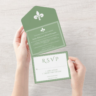 Invitation Tout En Un Moss Green Fleur de Lis Tout en un mariage Inviter