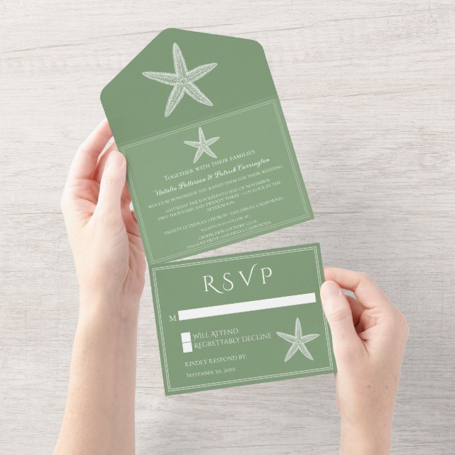 Invitation Tout En Un Moss Green Starfish Mariage (Déchirure)