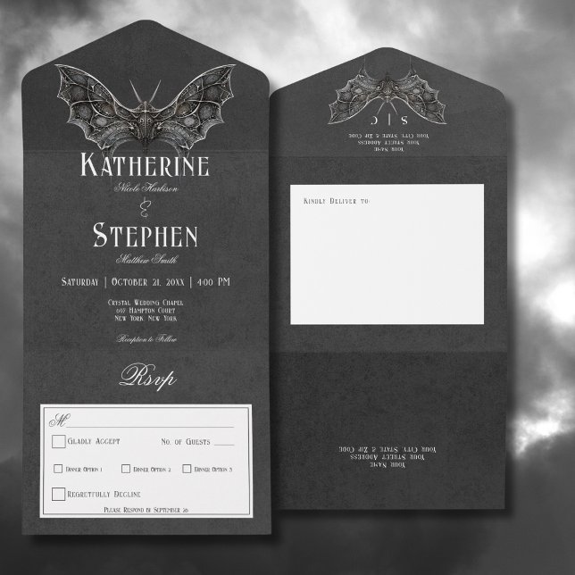 Invitation Tout En Un Moth Moody gothique Noir & Blanc Pas de dîner (Gothic Moth Moody Black & White All In One Wedding Invitation without Dinner Options)