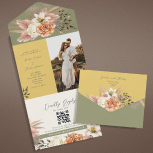 Invitation Tout En Un Moutarde Vert Sauge Photo QR Mariage